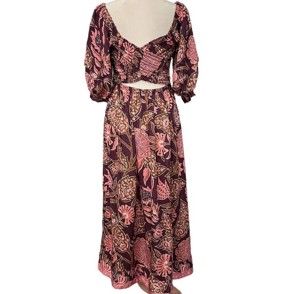 NWT Omika Brown Balloon Sleeve Ruched Upper High Waist Blair Midi Dress Sz Small - Picture 3 of 13